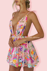 Sequin Floral V-Neck Open Back A-Line Mini Dress