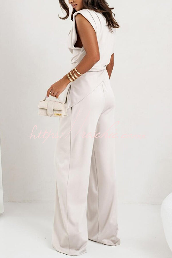 Ruched Shoulder Wide Leg Pants Set with Pockets