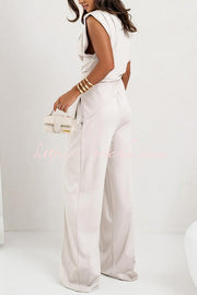 Ruched Shoulder Wide Leg Pants Set with Pockets