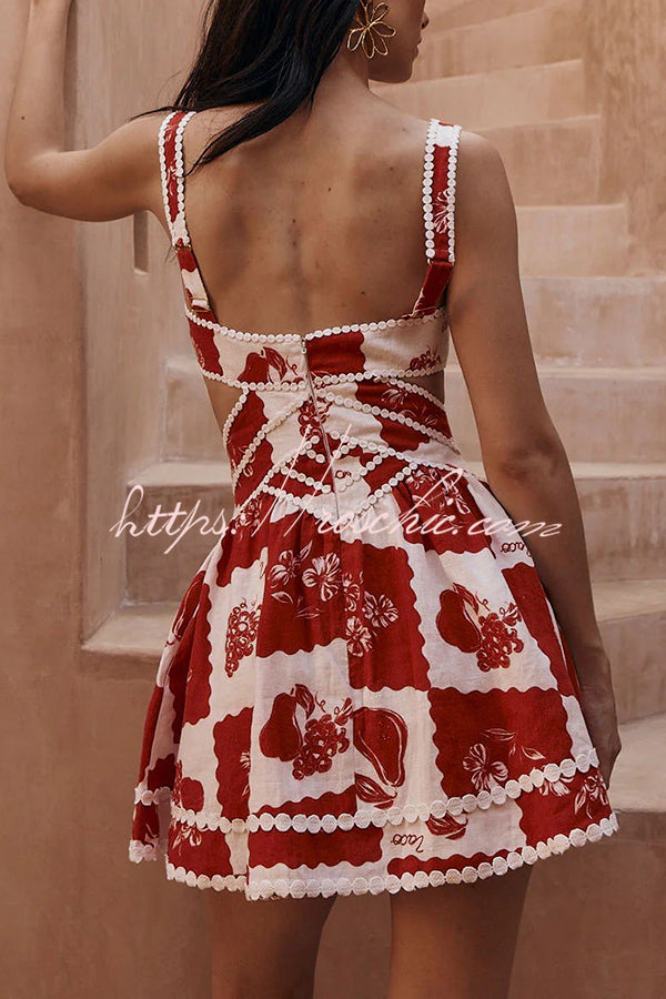 Linen Blend Mini Dress with Ric Rac Trims & Cutout Detail