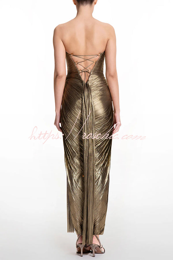 Metallic Pleated Strapless Maxi Dress with Gold Pendant & Slit