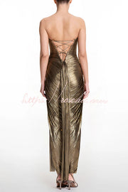 Metallic Pleated Strapless Maxi Dress with Gold Pendant & Slit
