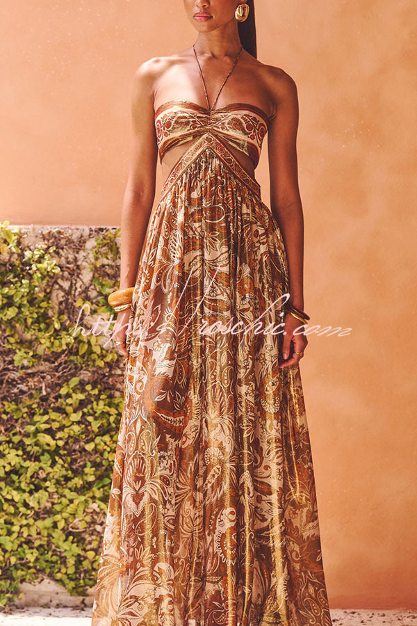 Chiffon Golden Paisley Cutout Halter Maxi Dress