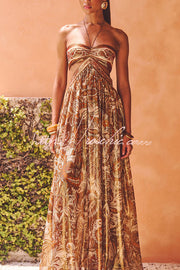 Chiffon Golden Paisley Cutout Halter Maxi Dress