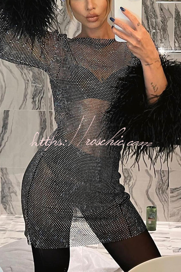 Rhinestone Open Knit Feather Sleeve Party Mini Dress