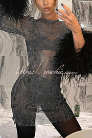 Rhinestone Open Knit Feather Sleeve Party Mini Dress