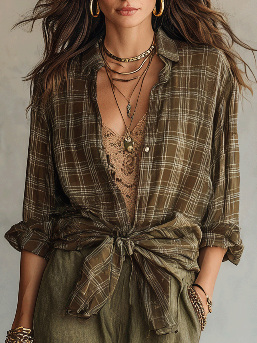 Men's Plaid Shirt & Cotton Trousers Two-Piece Pants Set