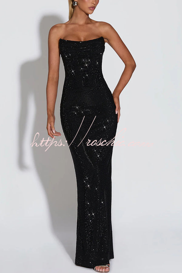 Sequin Pleated Cowl Neck Strapless Maxi Dress