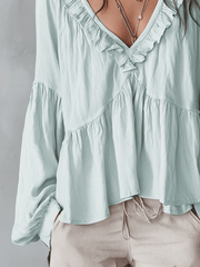 Ruffled V-Neck Boho Blouse – Relaxed Long Sleeve Top