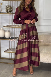 Satin Colorblock Long Sleeve Belted Maxi Shirt Dress