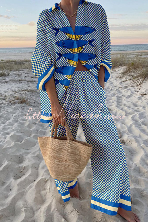 Ocean Print Oversized Shirt & Elastic Waist Pants Set