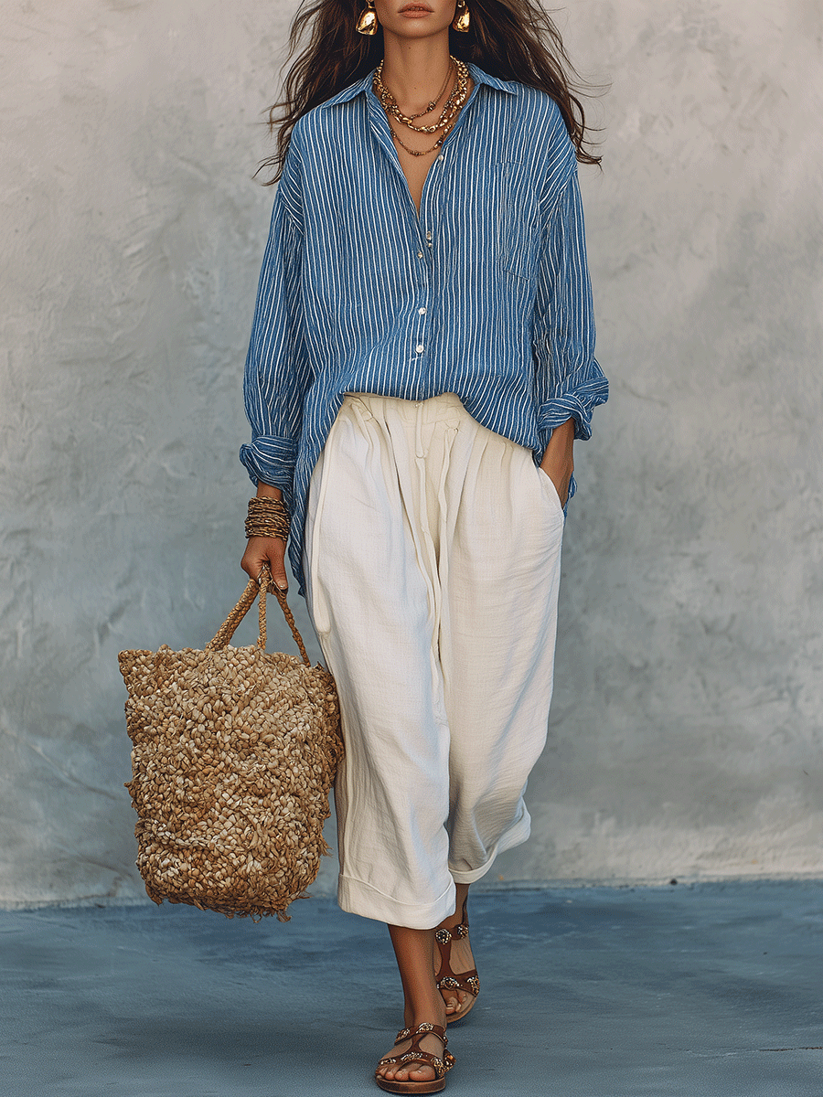Blue Stripe Long Sleeve Blouse – Relaxed Bohemian Fit