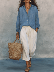 Blue Stripe Long Sleeve Blouse – Relaxed Bohemian Fit