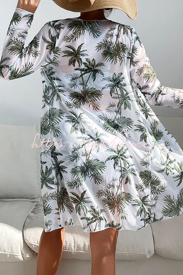 Printed Lace-Up Pleated Three-Piece Swimsuit Set