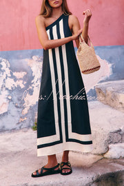 Striped One-Shoulder Midi Dress – Loose Fit Vacation Wear