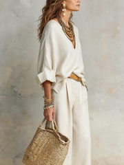 Off White Linen Pants Set | Loose Fit Resort Wear