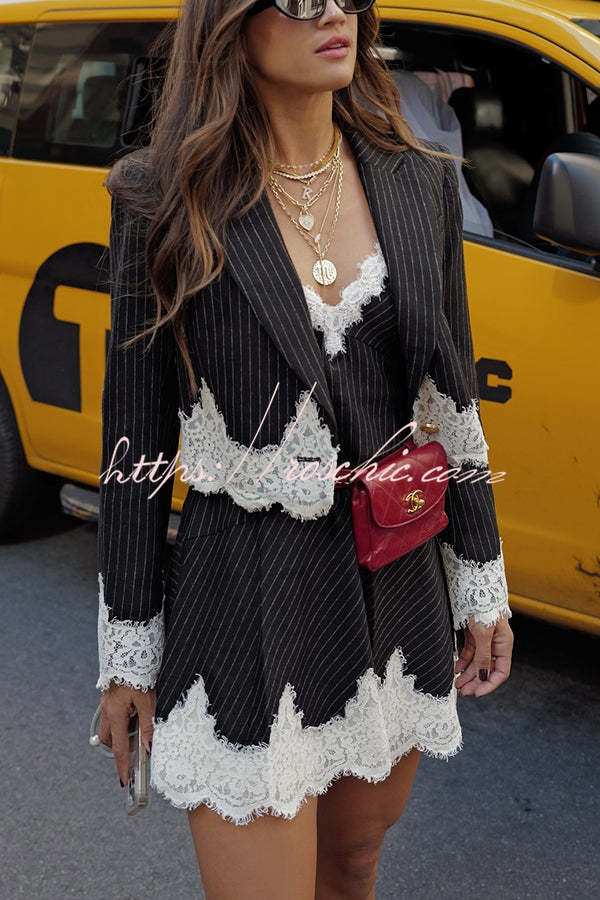 Striped Lace Trim Crop Blazer – Loose Lapel Jacket