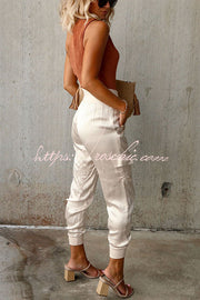 Satin High Waist Joggers with Pockets – Ankle Length