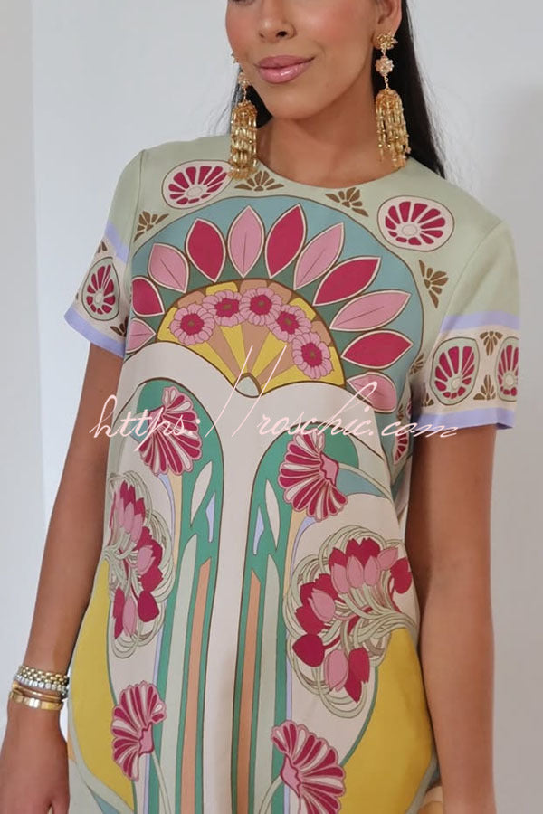 Satin Baroque Print Maxi Dress with Feather Trim