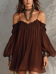 Brown Chiffon Long Sleeve Mini Dress | Boho Style