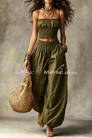 Olive Pleated Crop Top & Wide-Leg Pants Set