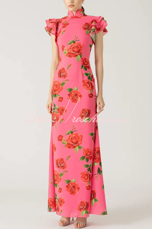 Rose Floral Print Cheongsam Maxi Dress with Tiered Sleeves