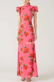 Rose Floral Print Cheongsam Maxi Dress with Tiered Sleeves