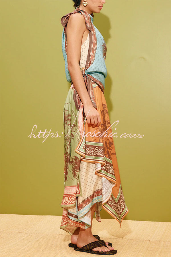 Satin Color-Block Print Tie Cowl Neck Midi Dress