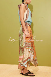 Satin Color-Block Print Tie Cowl Neck Midi Dress