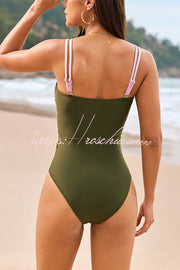 Color-block One-Piece Swimsuit with Metal Button Detail
