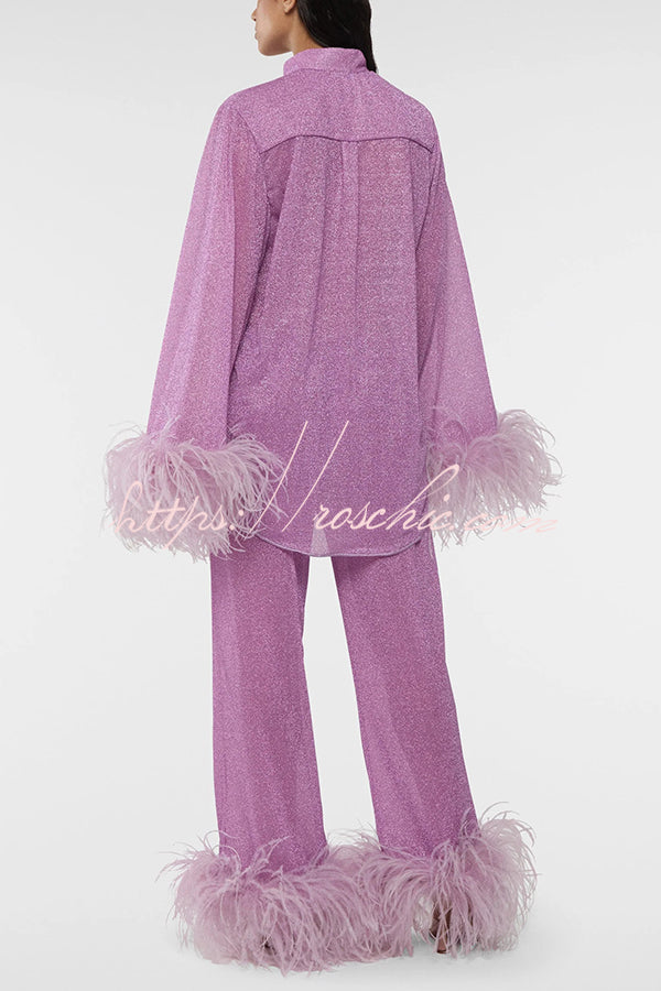 Glitter Feather Trim Two-Piece Lounge Set – Long Sleeve & Pants