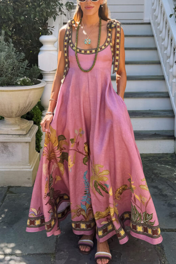 Linen Blend Printed Maxi Dress with Tie-Up Suspenders