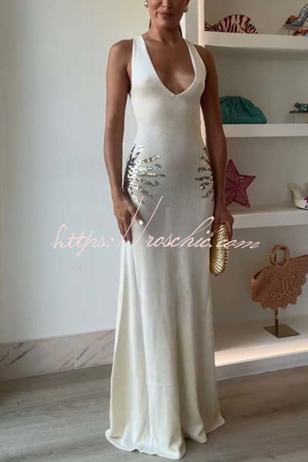 Sequin Knit Maxi Dress with Open Cross-Strap Back