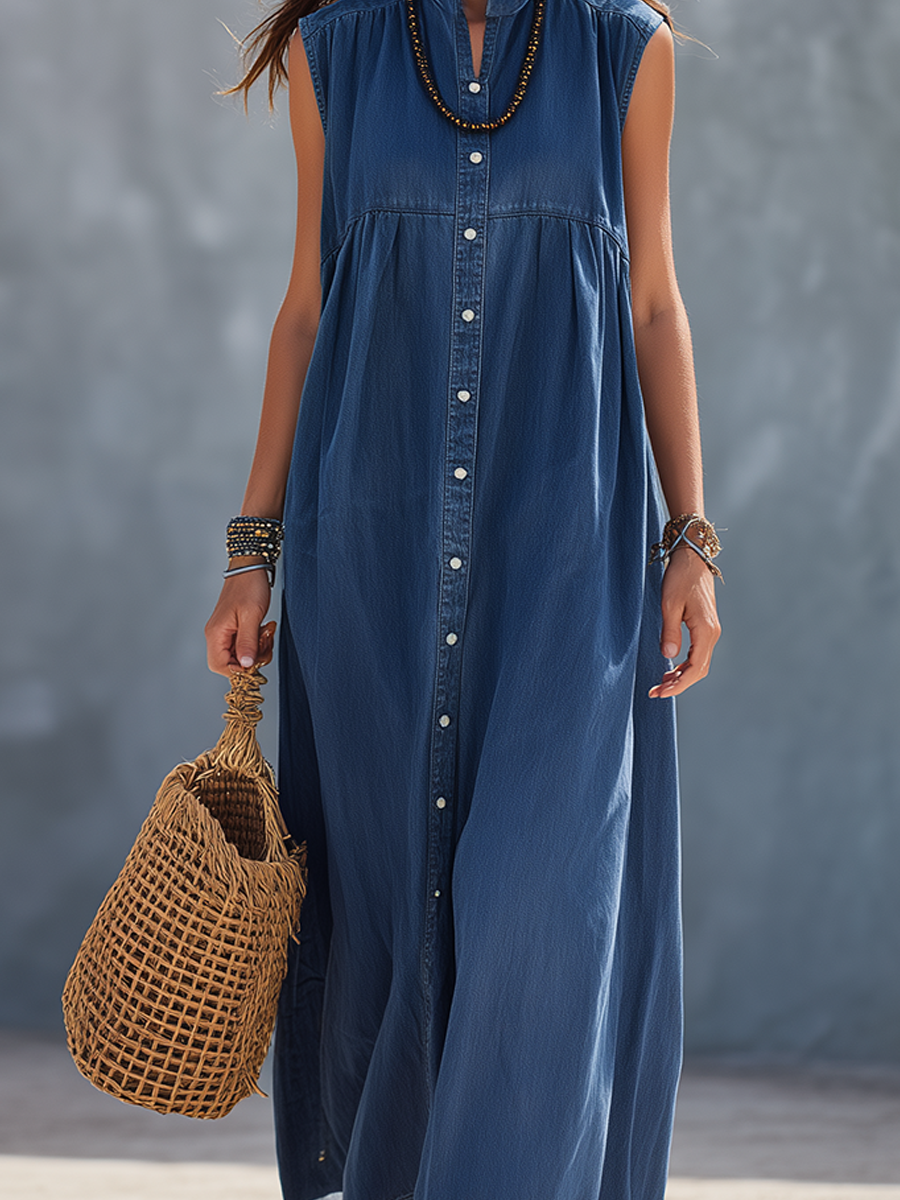 Indigo Washed Denim Shirt Maxi Dress | Boho Style