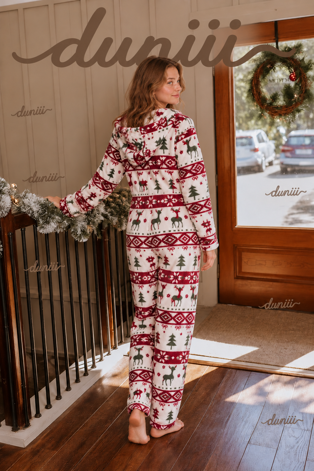 Christmas Reindeer Print Hooded Half-Zip Pajama Jumpsuit