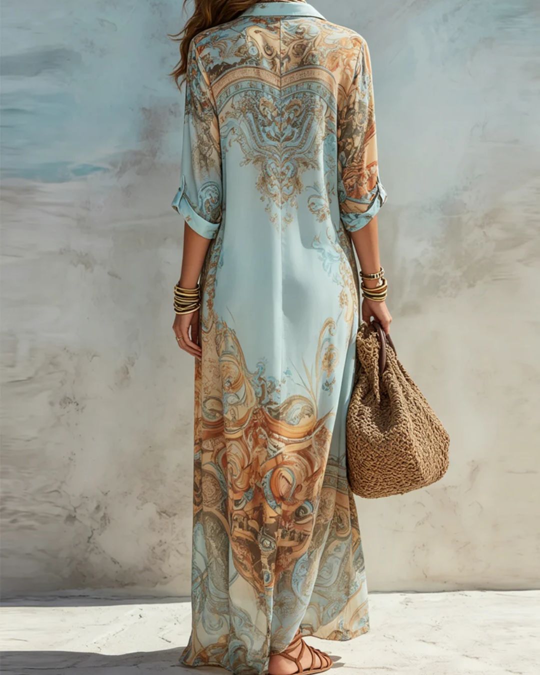 Baroque Floral Blue Chiffon Maxi Dress – A-Line Shirt Style