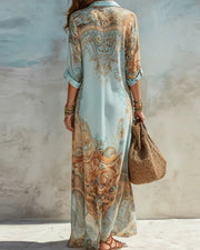 Baroque Floral Blue Chiffon Maxi Dress – A-Line Shirt Style