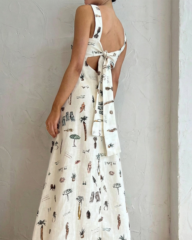 Botanical Print Tie-Strap Open Back Maxi Dress