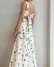 Botanical Print Tie-Strap Open Back Maxi Dress