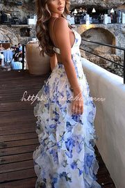 Chiffon Roses Print Ruffle Tiered Maxi Dress – V Neck