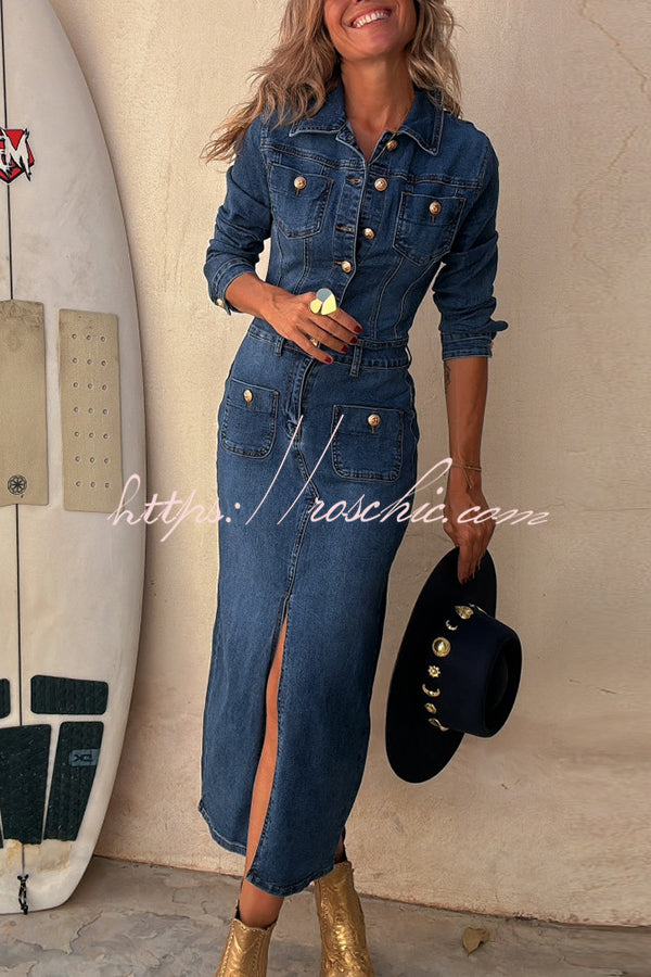Robe midi en jean avec col chemise boutonné et fente crayon