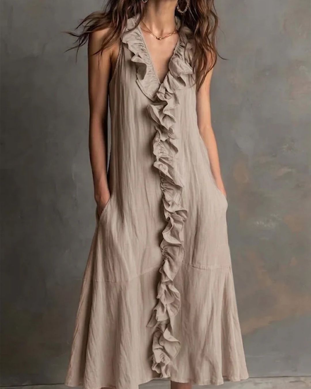 Ruffle-Front V-Neck Maxi Dress