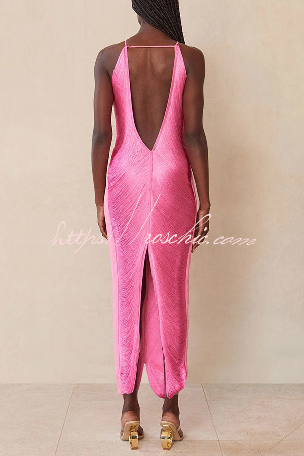 Metallic Halterneck Backless Maxi Dress with Fringe Slit