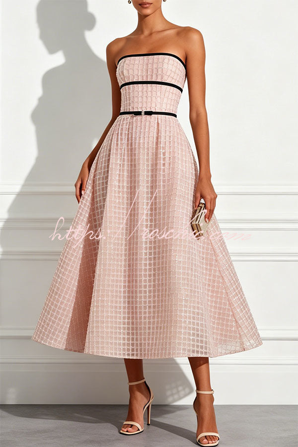 Sequin & Plaid Patchwork Strapless Midi Dress