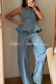 Denim Cherry Print Flare Vest Top | Sleeveless Casual