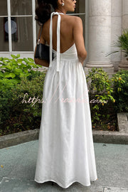 Linen Blend Halter Neck Backless Maxi Dress