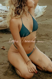 Metallic Halter Lace-Up Two-Piece Bikini Set