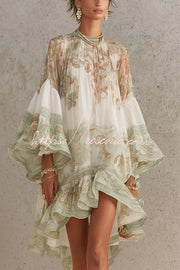 Printed Ruffle Mini Dress with Bell Sleeves