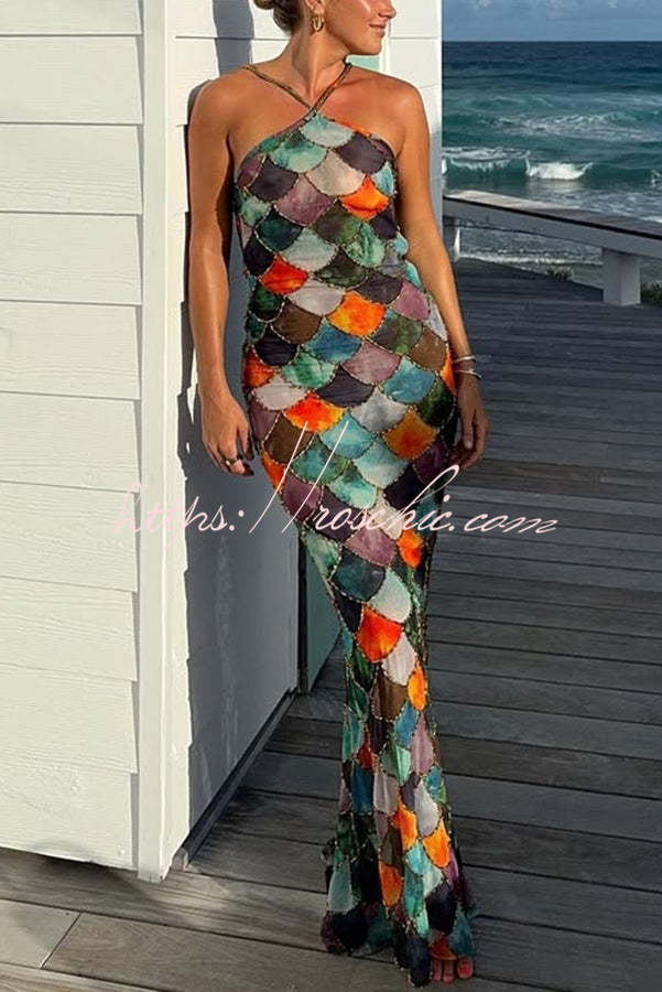 Little Mermaid Colorful Scales Print Halter Maxi Dress