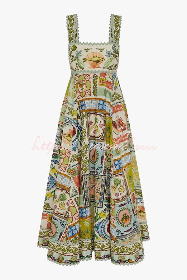 Linen Blend Smocked Maxi Dress with Scalloped Back Detail